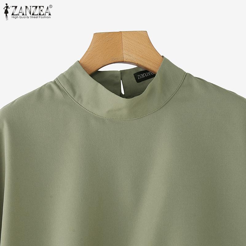 ZANZEA Womens Casual Stand Collar Loose Summer Half Sleeve Blouse