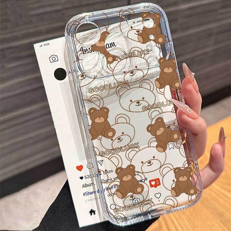 Teddy Bear Bowknot Phone Case For iPhone 17 16e 16 15 14 13 12 11 Mini Air Pro Max X XR XSMax 7 8 Plus Transparent Soft