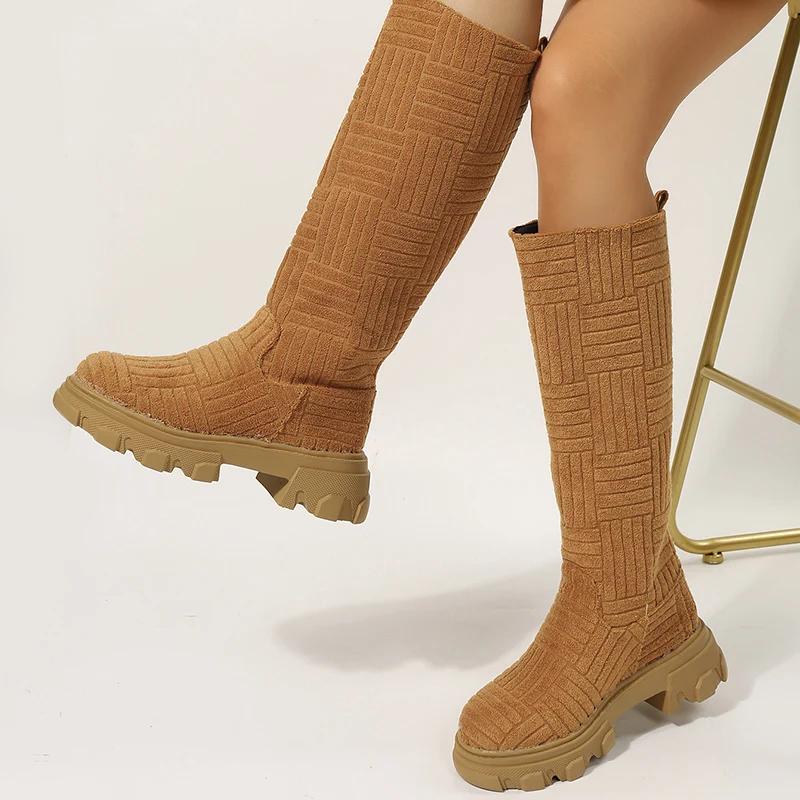 Fashion Plus Size 43 Women Platform Shoes Round Toe Slip-On Knee-high Boots Fashion Anti Slip Thick Sole Mid Heels Botas Mujer
