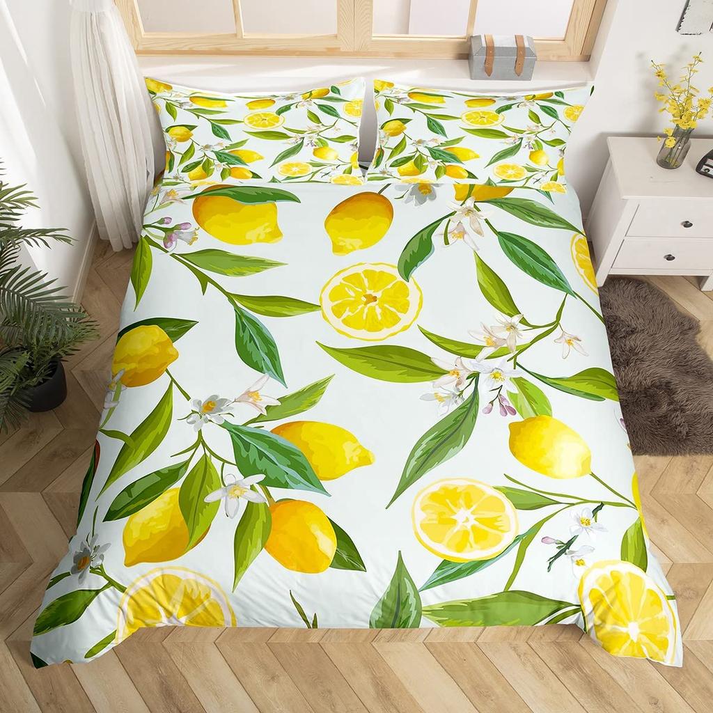 Nature Bedspread, Lemon Tre Branches Gardening Design, Decorative Quilted 3 Piece Coverlet Set featuring 2 Pilow Shams, Ful Sized Dimensions