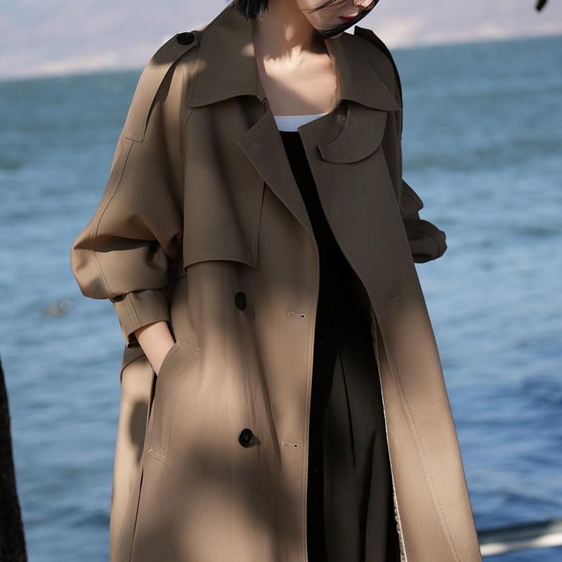 

Тренч из текстурированного твила, темпераментный, высококлассный, с большим лацканом, двубортный, на шнуровке, средней длины, женская одежда, новинка, весна XL