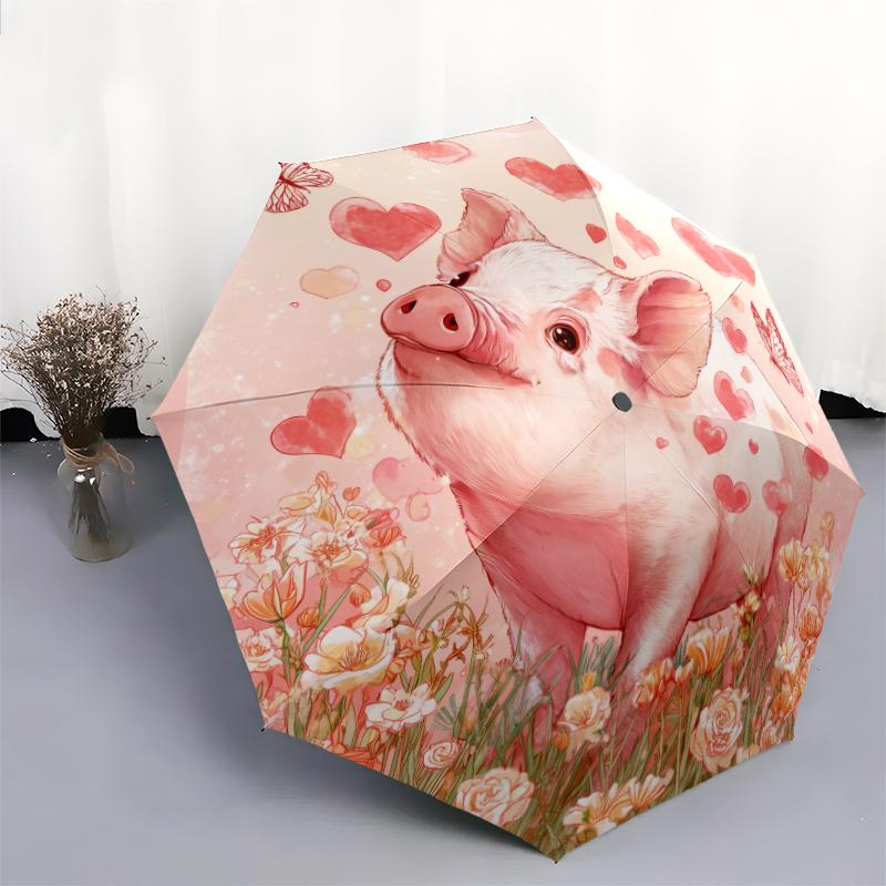 Pink Piglet Pattern, Automatic Folding Umbrella, Portable and Foldable Design, 8 Ribs, a Christmas or Birthday Gift.