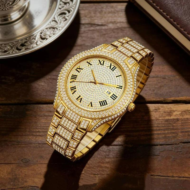Full Diamond Men Quartz Watch Roman Numerals Date Function Bling Zinc Alloy Bracelet Iced Out Hip Hop Luxury Wristwatch