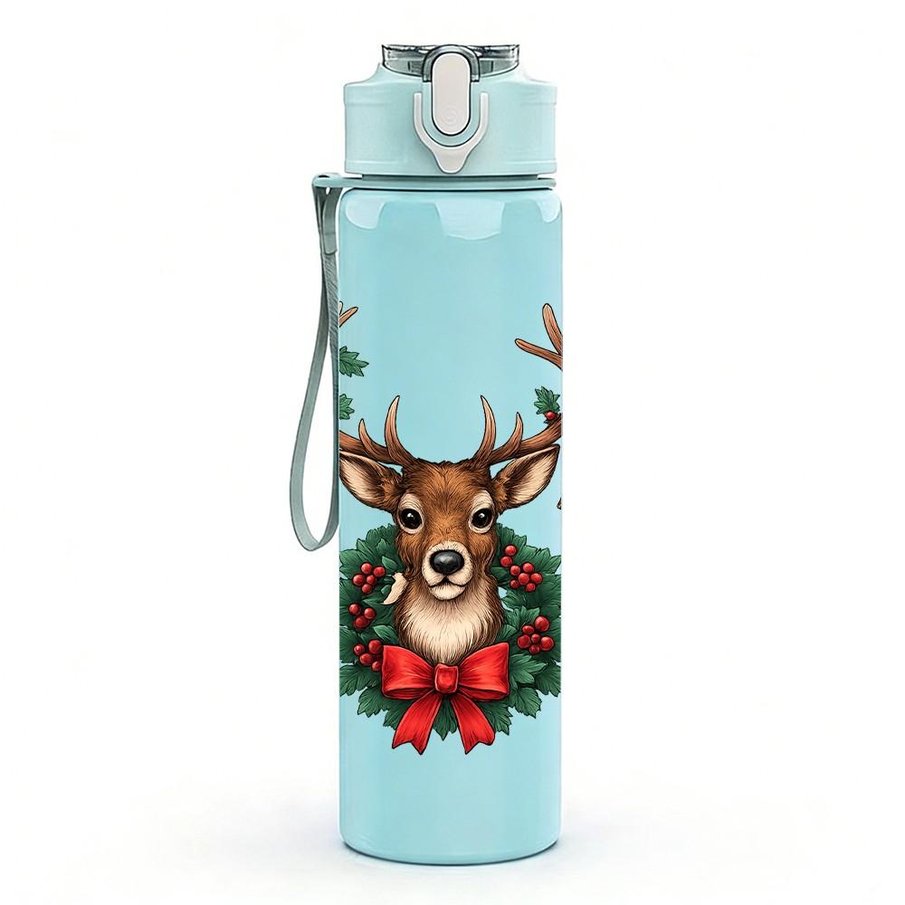 1PC Wreath Antler Reindeer 750ml Color Plastic Sports Water Bottle Leakproof Flip Straw Lid Suitable for Sports Office Home Use