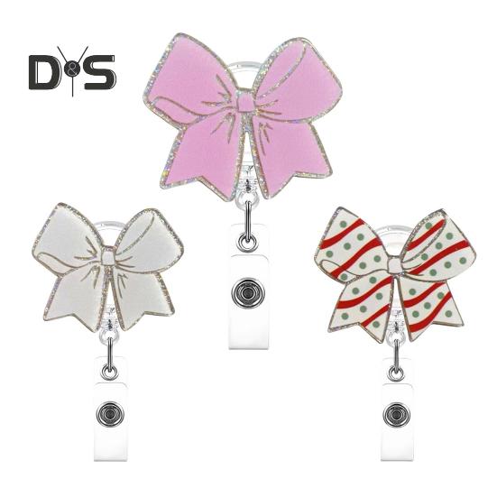 Bow Badge Reel for ID Card Badge 360 Degree Rotation Clip Sparkling Non-Slip Retractable Badge Holder Clip for Doctor Nurse Medical Staff Office