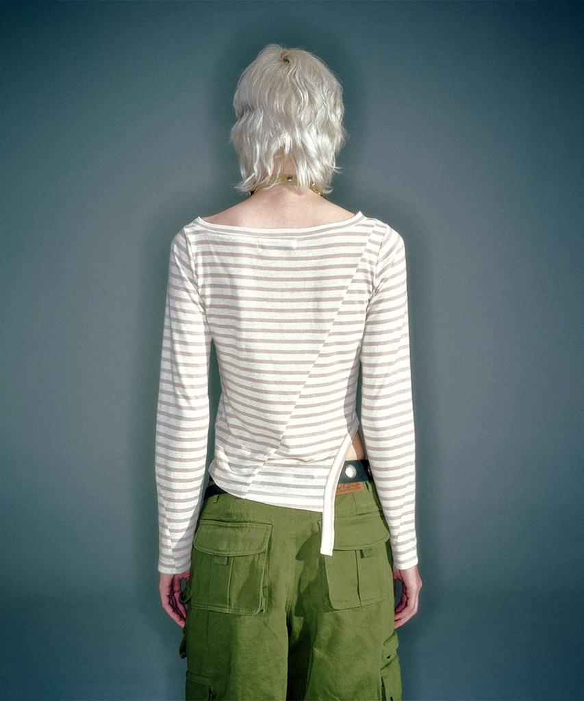 Beikeonteuakaibeu Maho Off-Shoulder Stripe Long Sleeve Beige