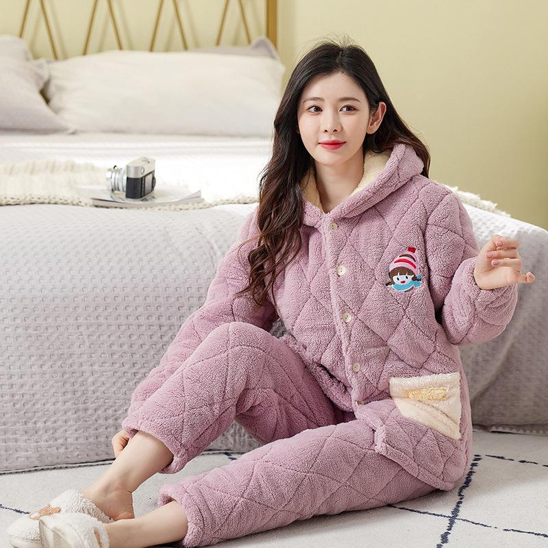 Women's winter pajamas three-layer thickened padded cotton to keep warm and fleece coral fleece padded jacket