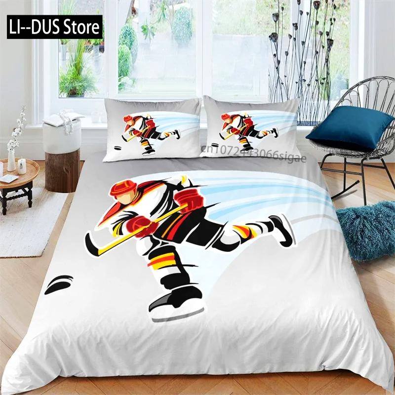 Kids Ice Hockey Duvet Cover Full Hockey Player Pattern Bedding Set Winter Sports Theme Quilt Cover for Youth Teen Boy Room Decor
