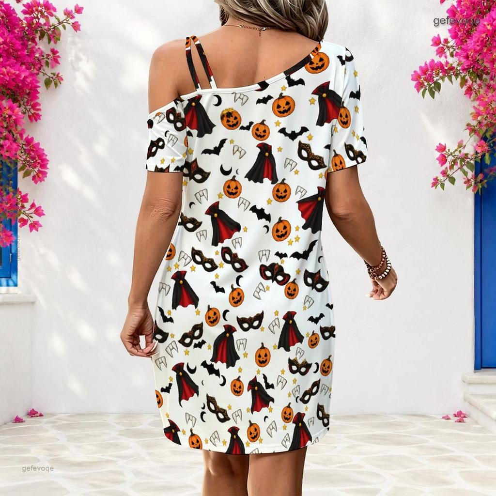 Women Plus Size One Shoulder Short Sleeve Loose White Halloween Printed Dress