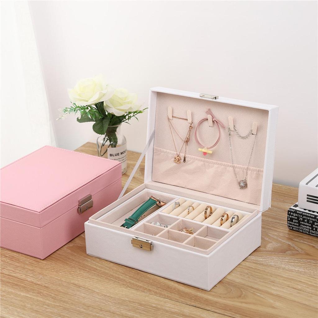 Double-Layer Large-Capacity Jewelry Storage Box with Lock - Wooden PU Leather Design