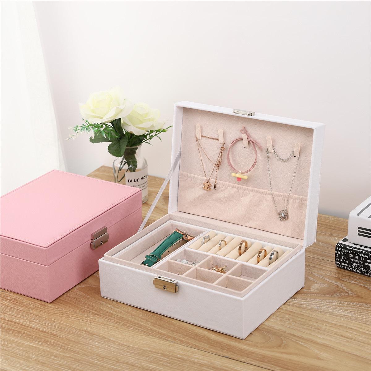 

Double-Layer Large-Capacity Jewelry Storage Box with Lock - Wooden PU Leather Design Double-layer 23*17*9 cm білий