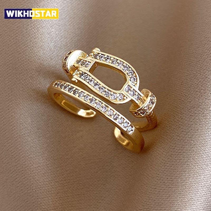 Korean Style Double Layer Ring Women's Ins Trendy Internet Popular Fashion Design Rings Shiny Zircon Elegant Female Jewelry