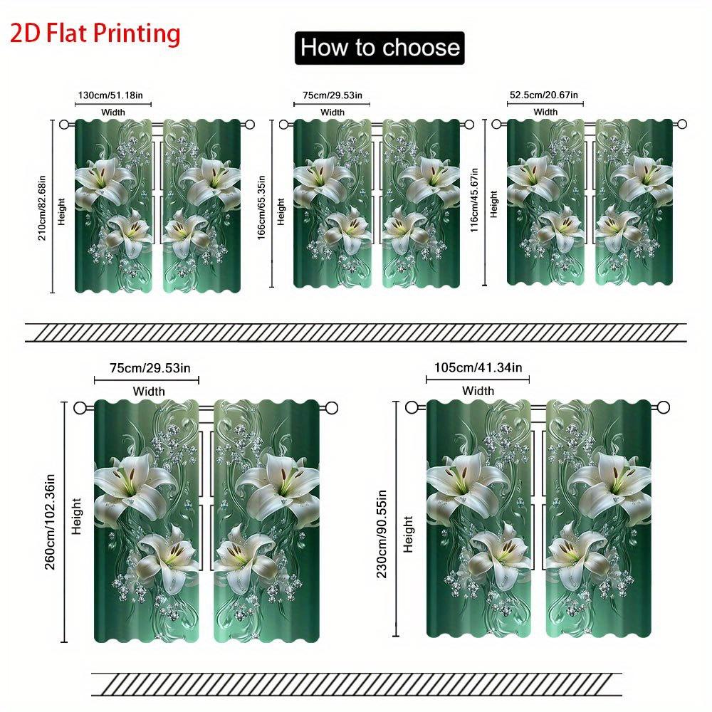 2Pcs Everyday Elegant Jade Lily Print Curtains With Rod Pocket – For Bedroom, Kitchen, Office & Living Room