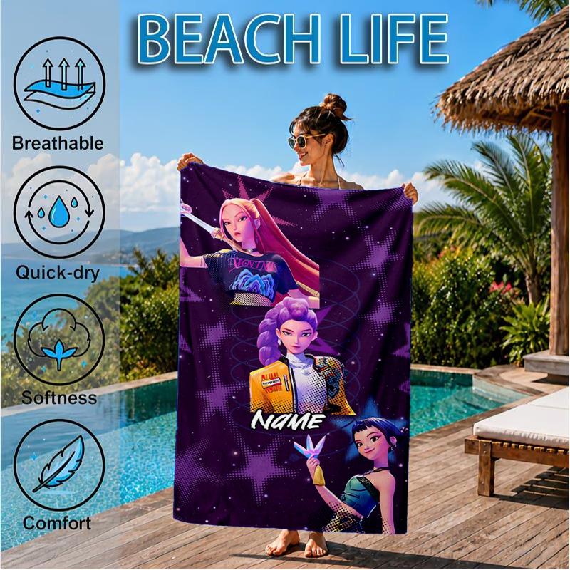 Custom Name KPop Cartoon Beach Towel Microfiber Beach Towel, Lightweight and Quick-Dry, for Summer Travel, Swimming Pool Gift