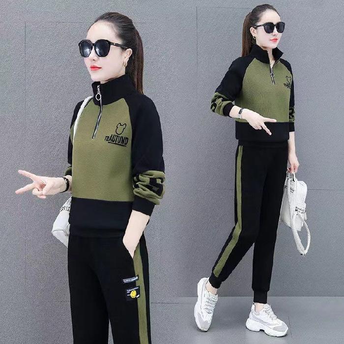 Women's Stand Collar Half Zip Two Piece Tracksuit Loose Fit Color Block Raglan Top Elastic Waist Jogger Pants Embroidery Casual Autumn Matching Set