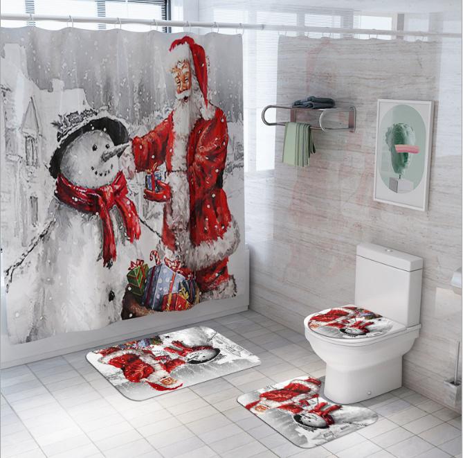Merry Christmas Shower Curtain Bathroom Rugs Bath Mat Non-Slip Toilet Lid Cover