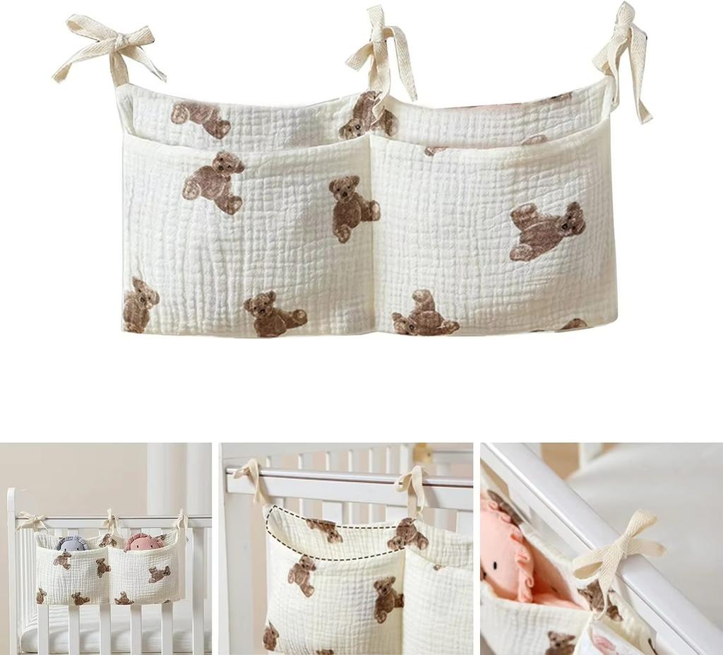Baby Crib Organizer Cot Caddy Bed Storage Bag 2 Pockets Bedside Hanging Diaper Pure cotton Organizer for Diapers Toys Clothing