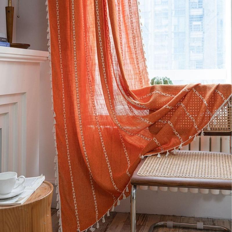Curtain Half Blackout Cotton Linen Stripe Embroidery Orange Tassel American Curtain for Bedroom Bay Window Curtain Finished