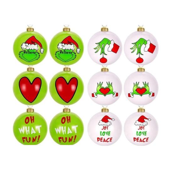 

12Pcs Christmas Ornaments Santa Claus Hat Pattern Green White Shatterproof Balls Set Xmas Tree Decorations A