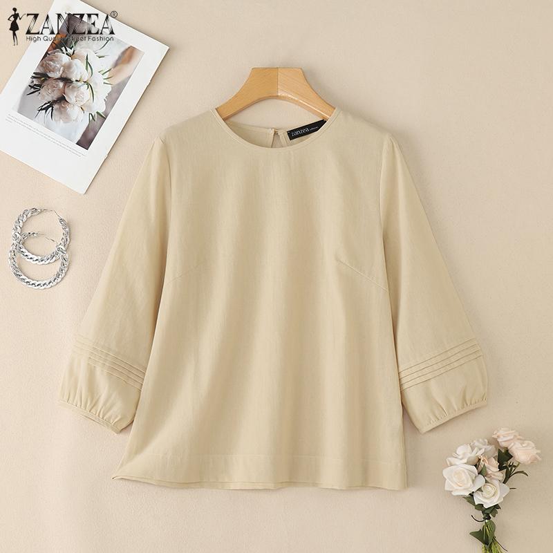 ZANZEA Women Casual Round Neck Solid Color 3/4 Sleeve Blouse