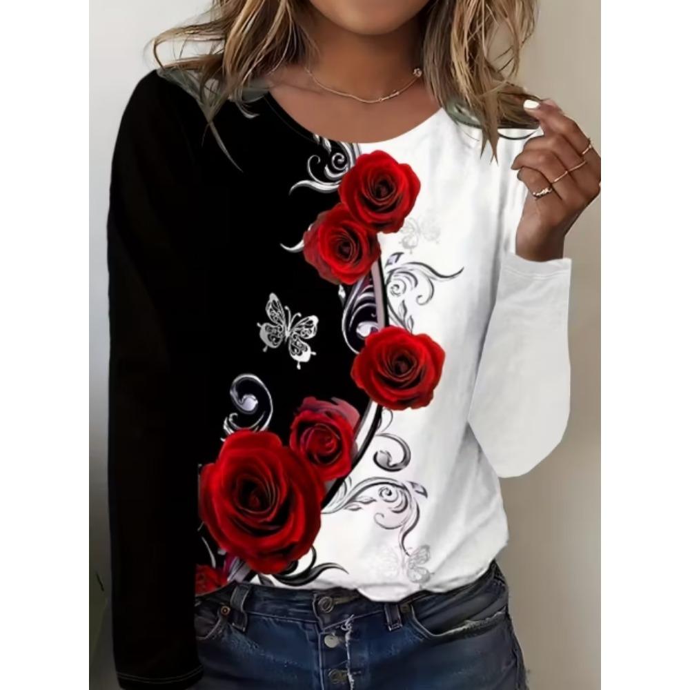 Women's T-Shirts Floral Graphic Stylish Long Sleeve T-shirts Crew Neck Regular Tops Summer Casual Clothes Woman
