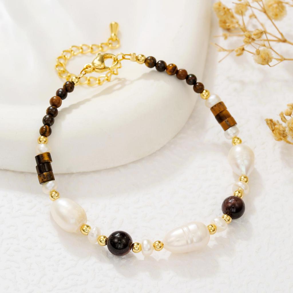 Caramel-Colored Tiger Eye & Freshwater Pearl Necklace and Bracelet Set: High-End Autumn/Winter Style