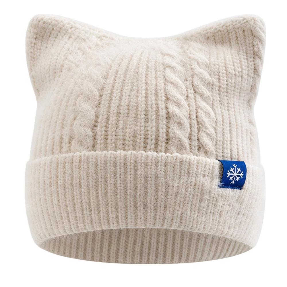 New Women And Girls Cat Ear Knit Beanie Hat, Cute Faux Fur Fluffy Candy‑Color Winter Hat, For Winter Daily Street Wear