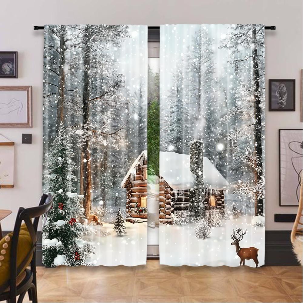 Set Of 2 Flat Printing Christmas Hot Curtains Wintercabin Digital Printed Polyester Drapes Festive Perfect Curtain
