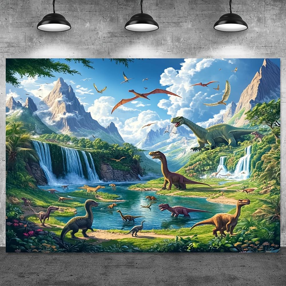 Dinosaurierwelt Wandbild mit Wasserfällen, Bergen und verschiedenen Dinosauriern zur Dekoration des Kinderzimmers
