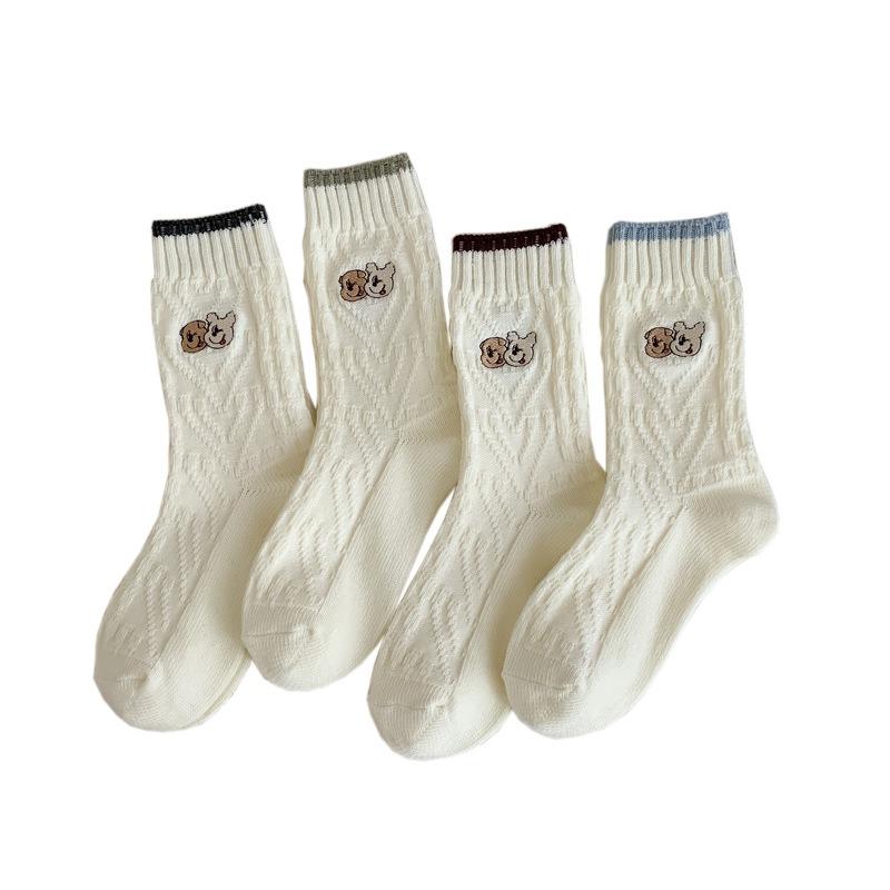 Sock Children's Cute Cartoon Embroidered Puppy Mid-length Socks with Contrasting Color Snap-on Double-needle Pile-up Design for Autumn and Winter