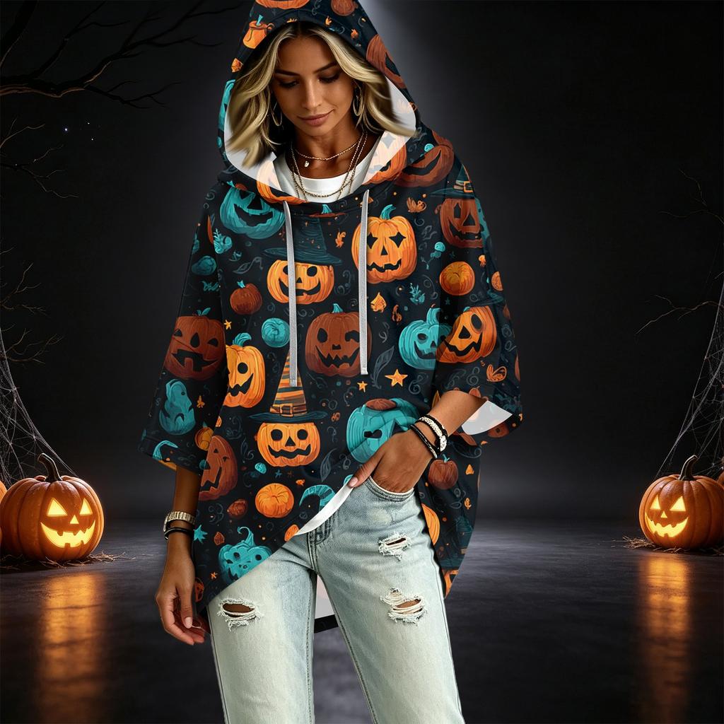 Women's Fashionable Three-Quarter-Sleeve Halloween-Printed Hooded Pullover