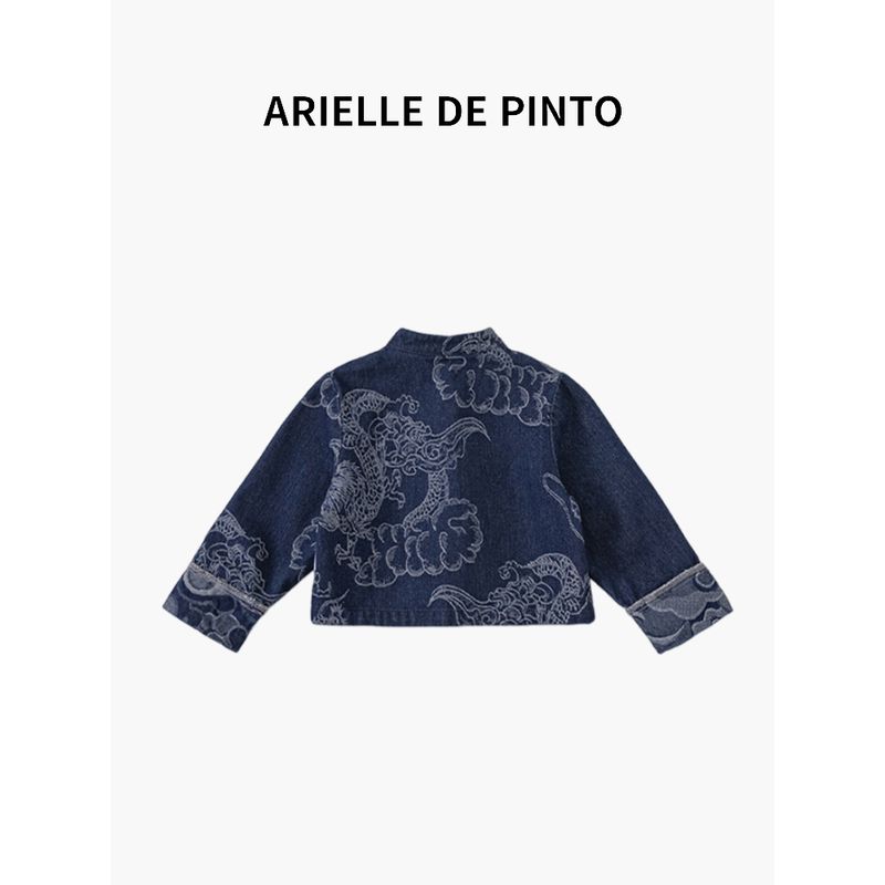 French Arielle De Pinto Chinese-Style Denim Jacket for Boys and Girls, Spring and Autumn Clothing with Dragon Pattern Jacquard