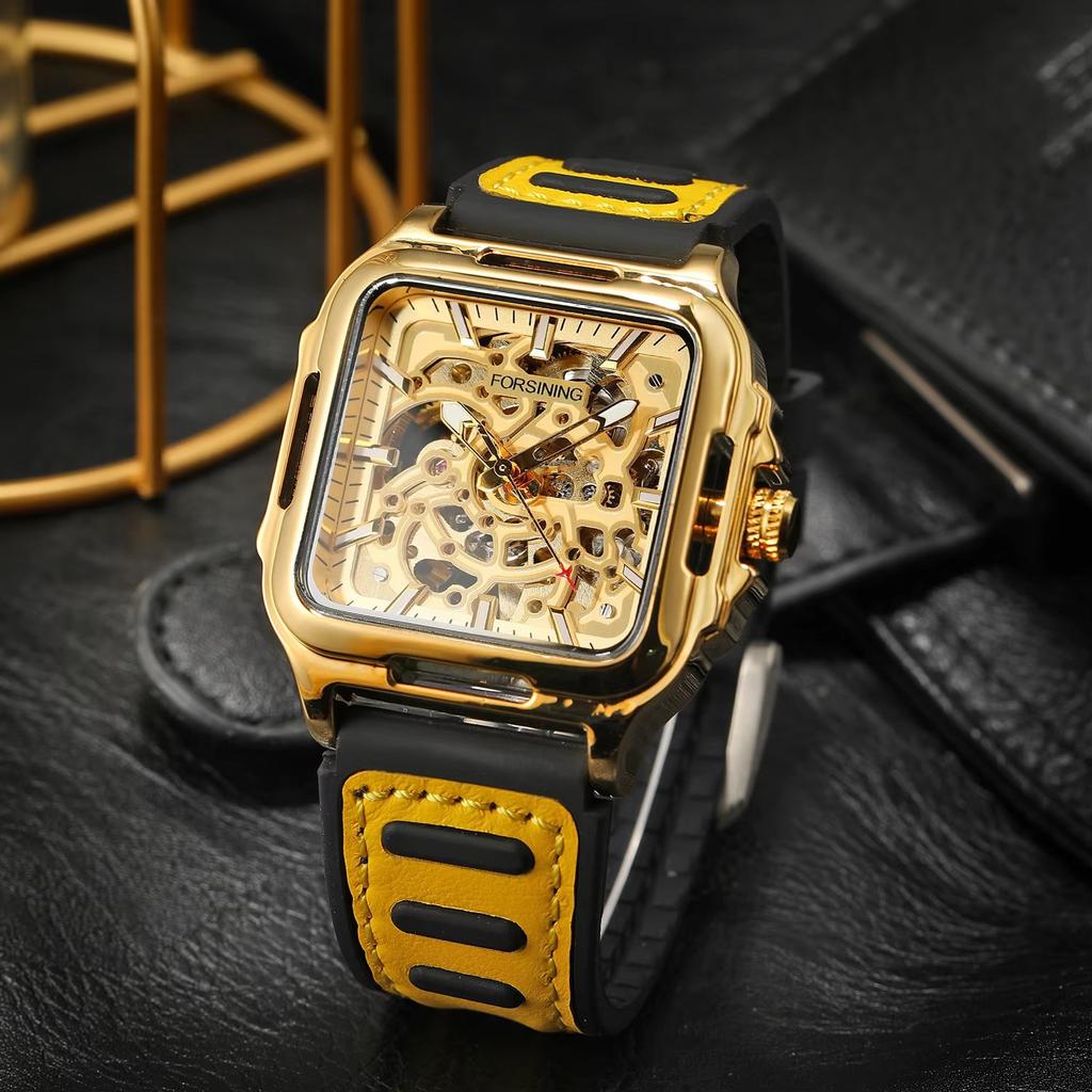 Forsining Square Dial Skeleton Watch Automatic Watch for Men Luxury Sports Mechanical Wristwatch Waterproof Luminous Leather Band