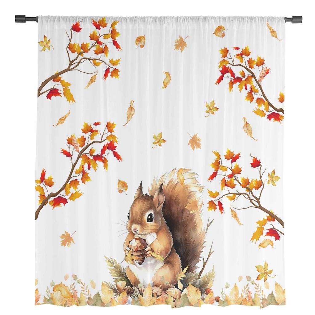Fall Squirrel Maple Leaf Tulle Curtains For Living Room Sheer Curtain For Bedroom Window Blinds Voile Curtains