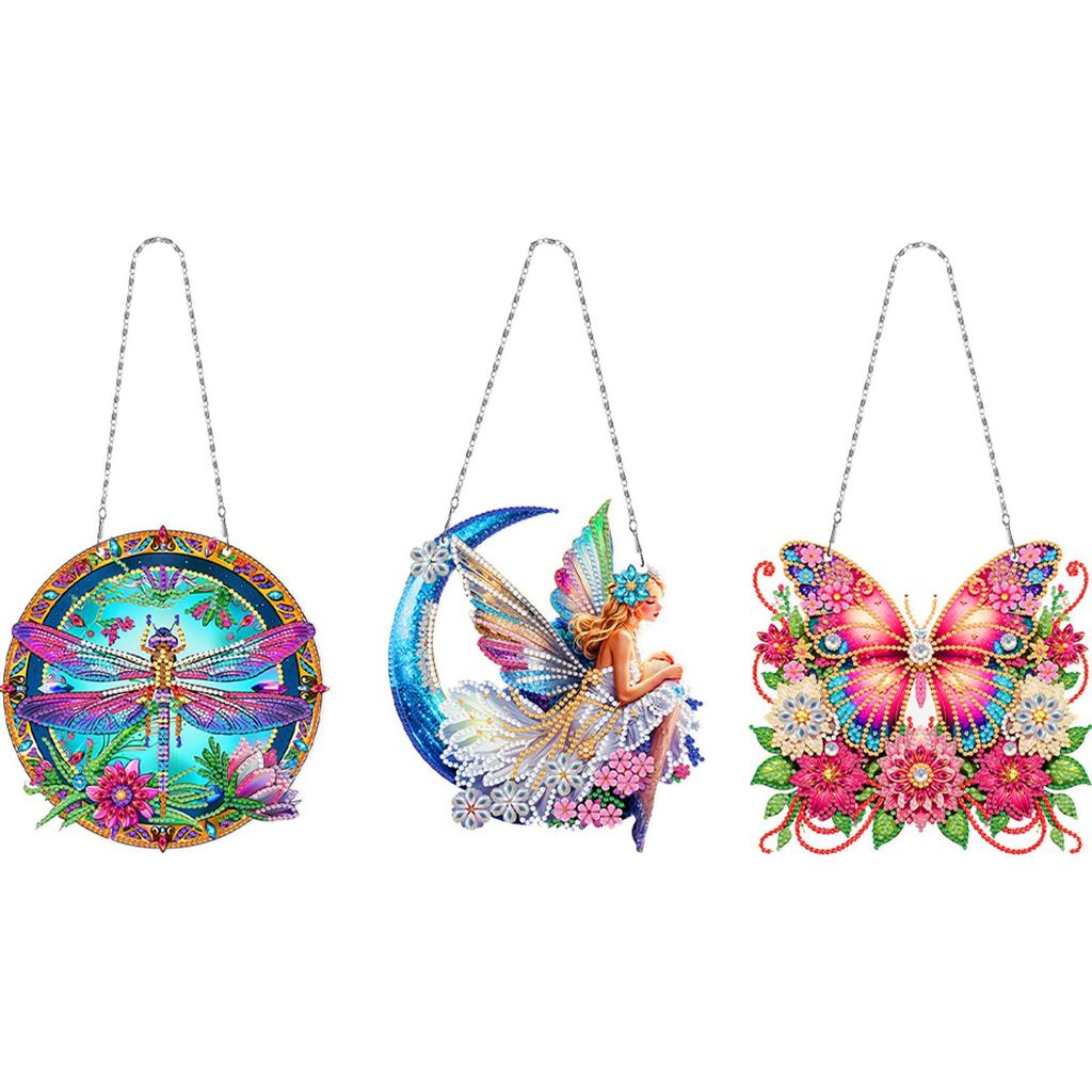 3pcs 2D Flat DIY Diamond Painting Set Rhinestone Diamond Art Window Pendants Diamond Art Pendant Wall Decor for Home & Windows