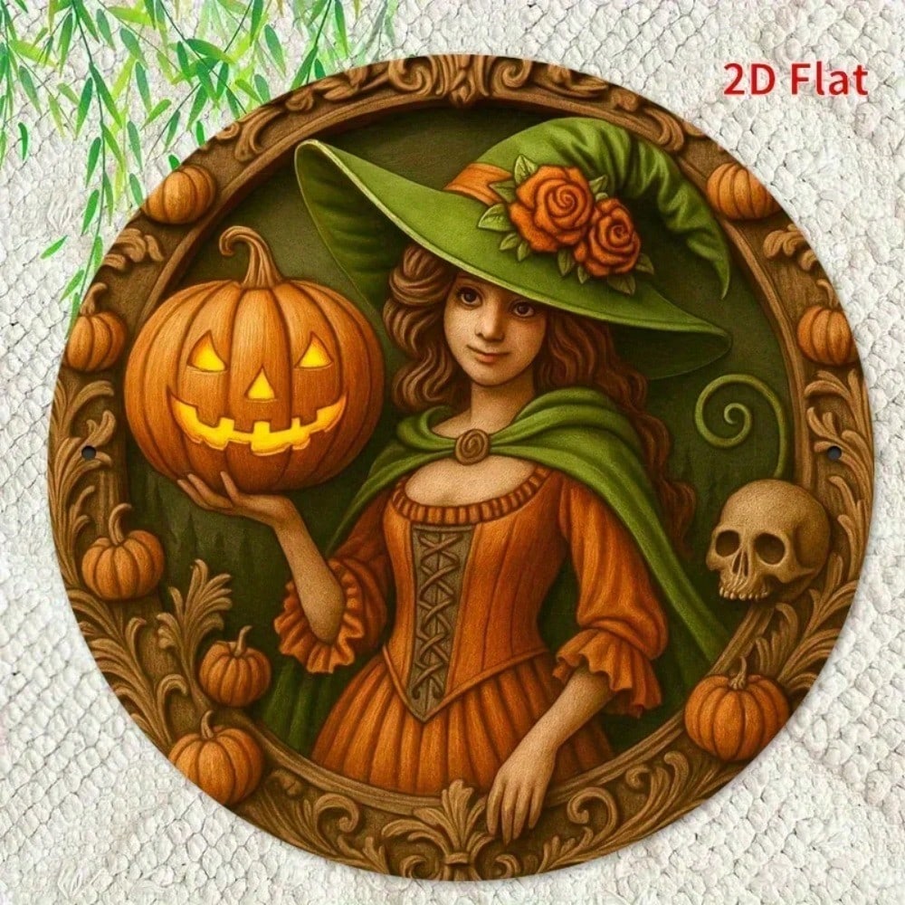 Vintage Round Iron Pumpkin Witch Sign Halloween Wall Decor Retro Spooky Metal Tin Sign For Bedroom Dining Room Party Decoration