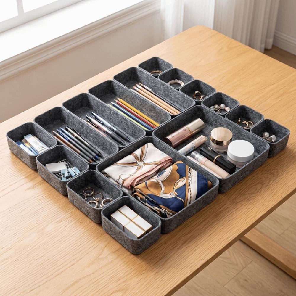 16Pcs/Set Creative Felt Storage Box Set Seamless Space-Saving Felt Storage Basket Large Capacity Durable Drawer Organizer