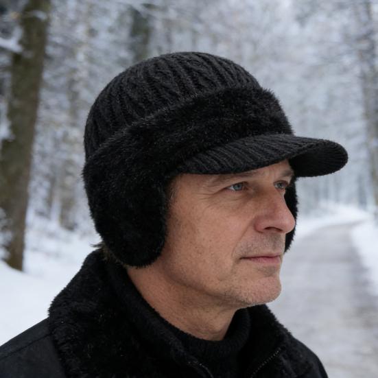 Men Hat Moisture-Wicking Breathable Warm Hat with Fleece Lining Solid Color Ear Protection Knitting Hat