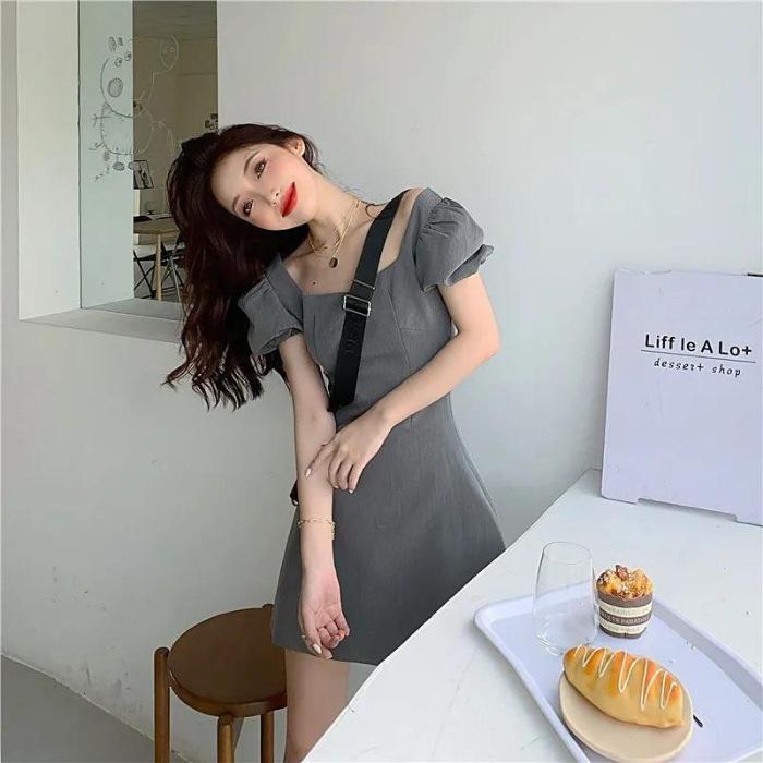 Summer new square collar waist small slim dress French bubble sleeve floral short skirt women S серый
