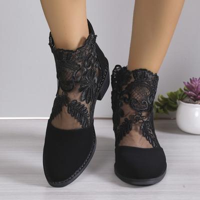 Buty damskie Botki za kostkę z zamkiem z tyłu Modne buty biurowe Damskie Buty z kwiatową koronką Szpiczasty nosek Kwadratowy obcas Damskie