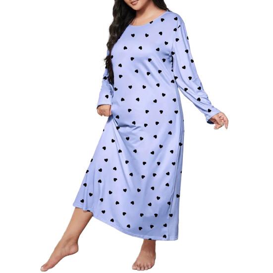 Damen Übergröße Langes Schlafkleid Herzmuster Langarm Nachtwäsche Nachthemd Herbst Locker Nachthemden Gemütliche Loungewear