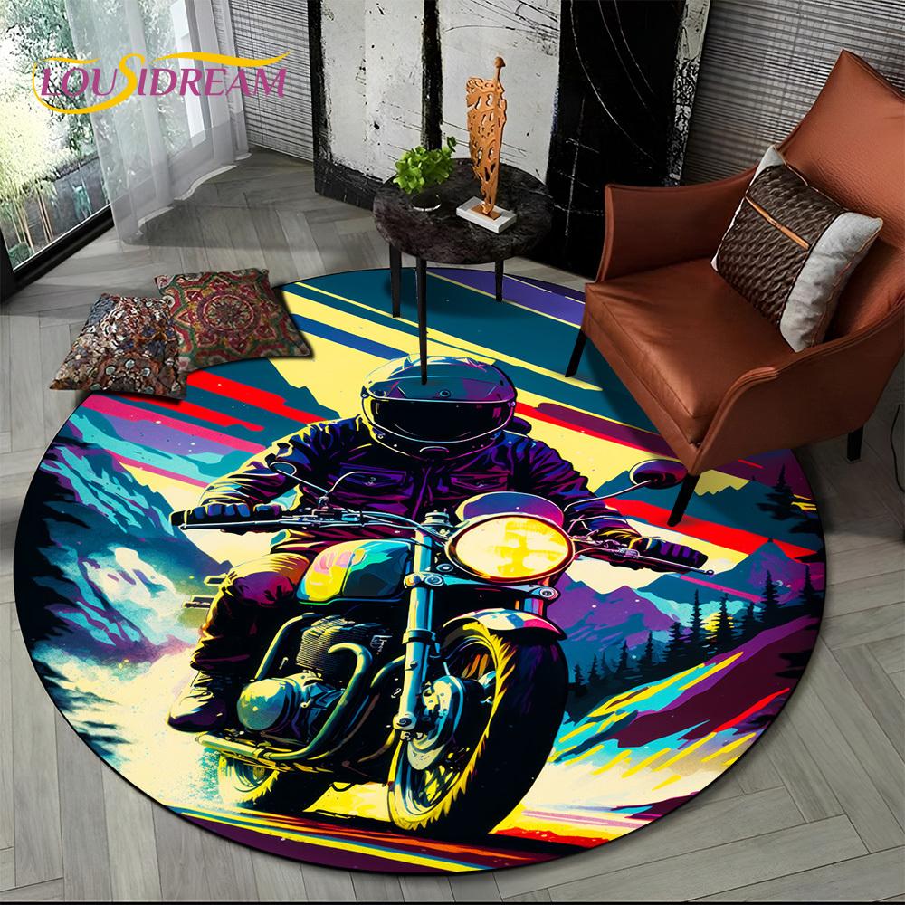 3D Retro Vintage Motorcycle Cartoon Round Area Carpet Rug for Living Room Bedroom Kid Playroom Decor,Pet Area Rug Non-slip Gift