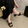 French Medium Heel Open-toed Cool Slippers Outer Wear Women's Shoes 2025 New Summer Rhinestone Bow Thick Heel One-word Drag