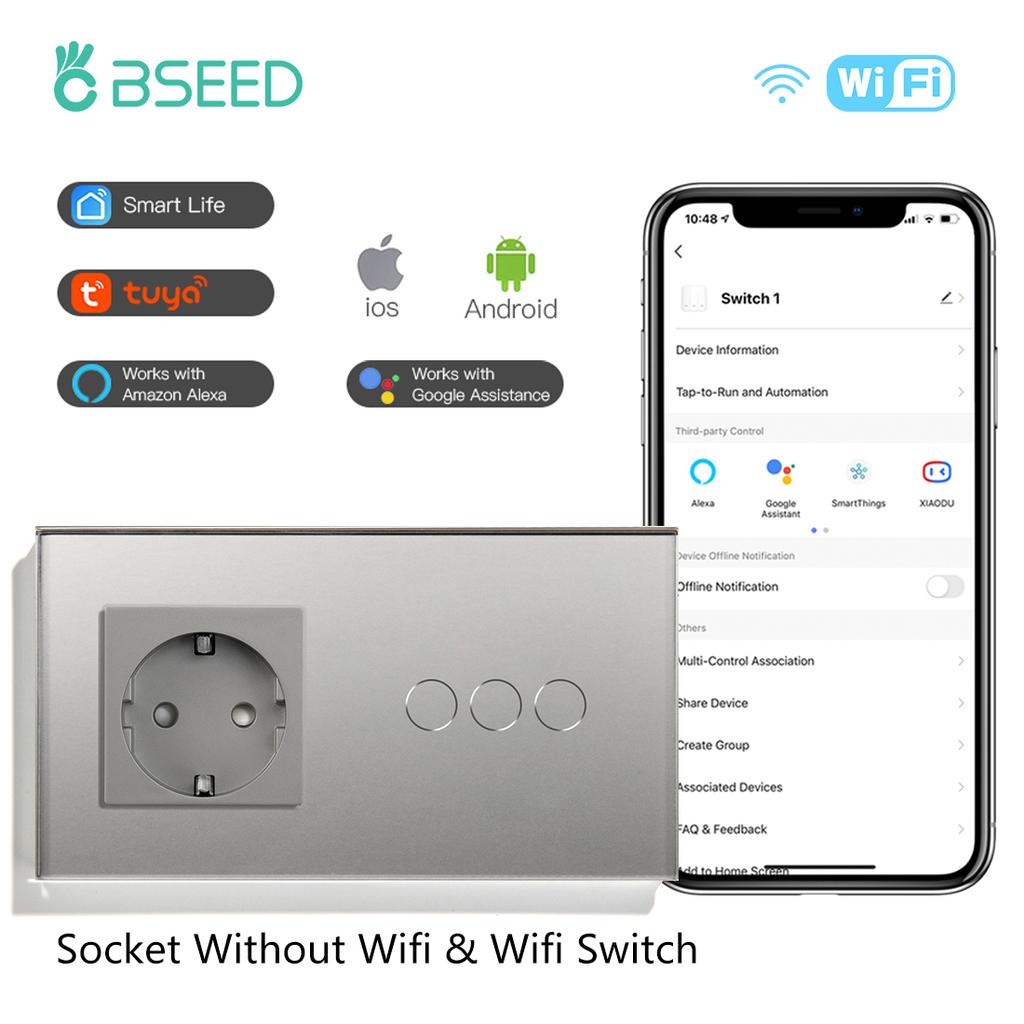BSEED Wifi Smart Touch Switches 1/2/3Way For Stairs Plus Normal EU Wall Sockets Tuya Smart Life Alice App Control Gray Series