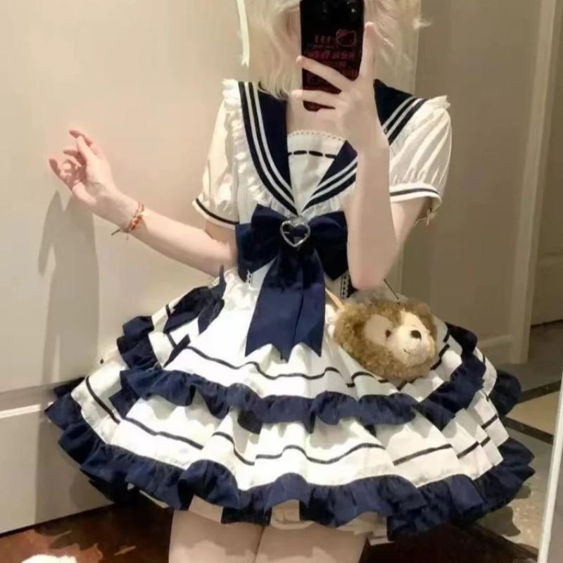 Dolce Carina Ragazza Set Manica Corta con Collo Blu Stile Giapponese Kawaii Lolita Vestiti Set con Fiocco di Pizzo Vestito da Festa Principessa con Collo da Marinaio