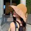 Sun Hat with Bow Design Foldable Breathable Hollow Woven Large Brim Jacquard Fabric UV Protection Face Slimming Summer Travel Hat