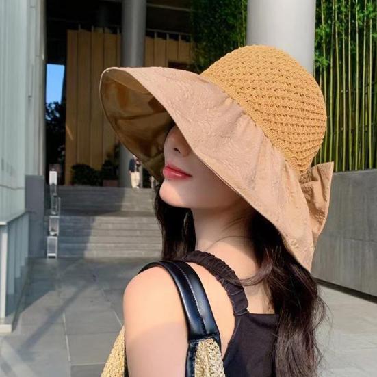 Sun Hat with Bow Design Foldable Breathable Hollow Woven Large Brim Jacquard Fabric UV Protection Face Slimming Summer Travel Hat