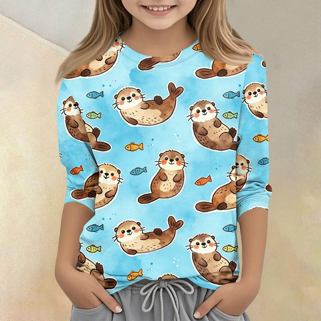 Kids Animal Print Crew Neck Three Quarter Sleeve Casual T Shirt Soft Comfortable Fit Lightweight Fabric Suitable for Everyday Wear