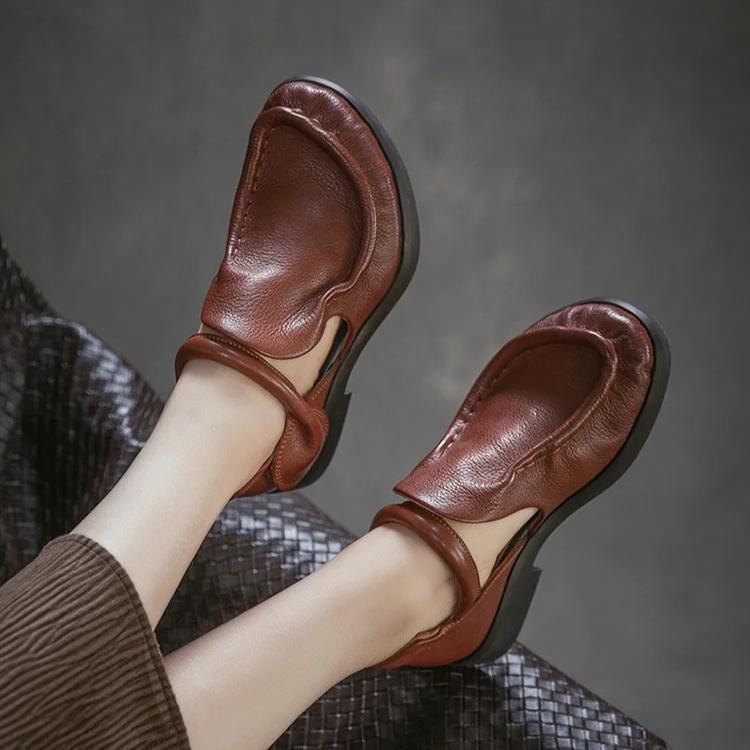 Johnature Sandales de Ville en Cuir Véritable Rétro Polyvalentes Peau de Vache Bout Rond Petit Talon Chaussures pour Femmes