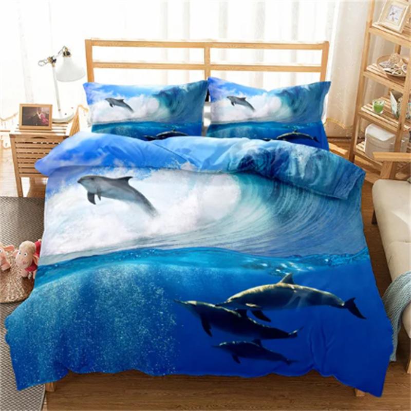 Gorące Zestawy Pościeli Delfin Anime Morze HD Narzuta Delfin dla Nastolatek Dziewcząt Moda Twin Single Queen King Pełny Rozmiar Poszwa na Kołdrę